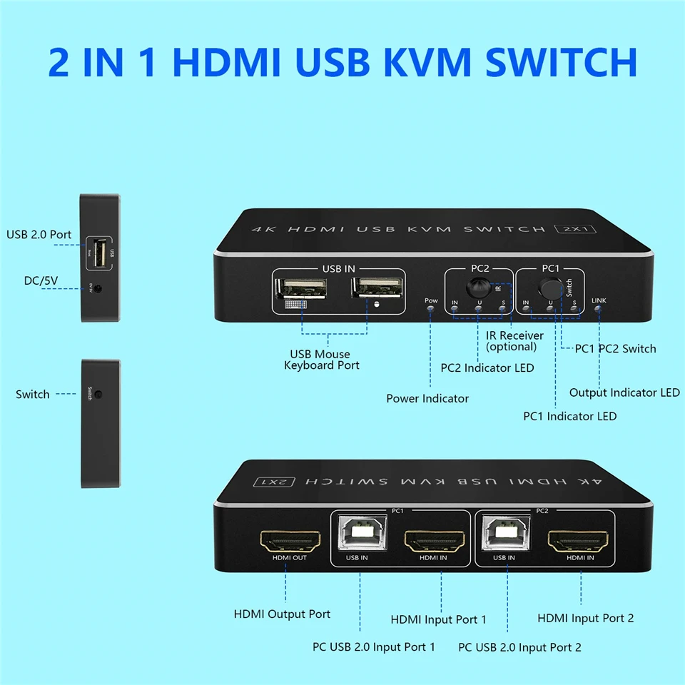 Navceker HDMI KVM Stikalo 2 Vrata 4K USB Stikalo KVM HDMI Preklopnik za Ločevanje Polje za skupno rabo Tiskalnika, Tipkovnico, Miško KVM Stikalo HDMI