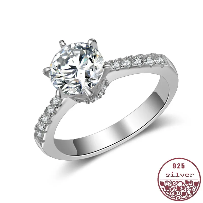 Ne Zbledi Šest Kremplji Simulacije Obroč Pravi 925 Sterling Silver 2 Karat CZ Diamant Poročni Prstani za Ženske