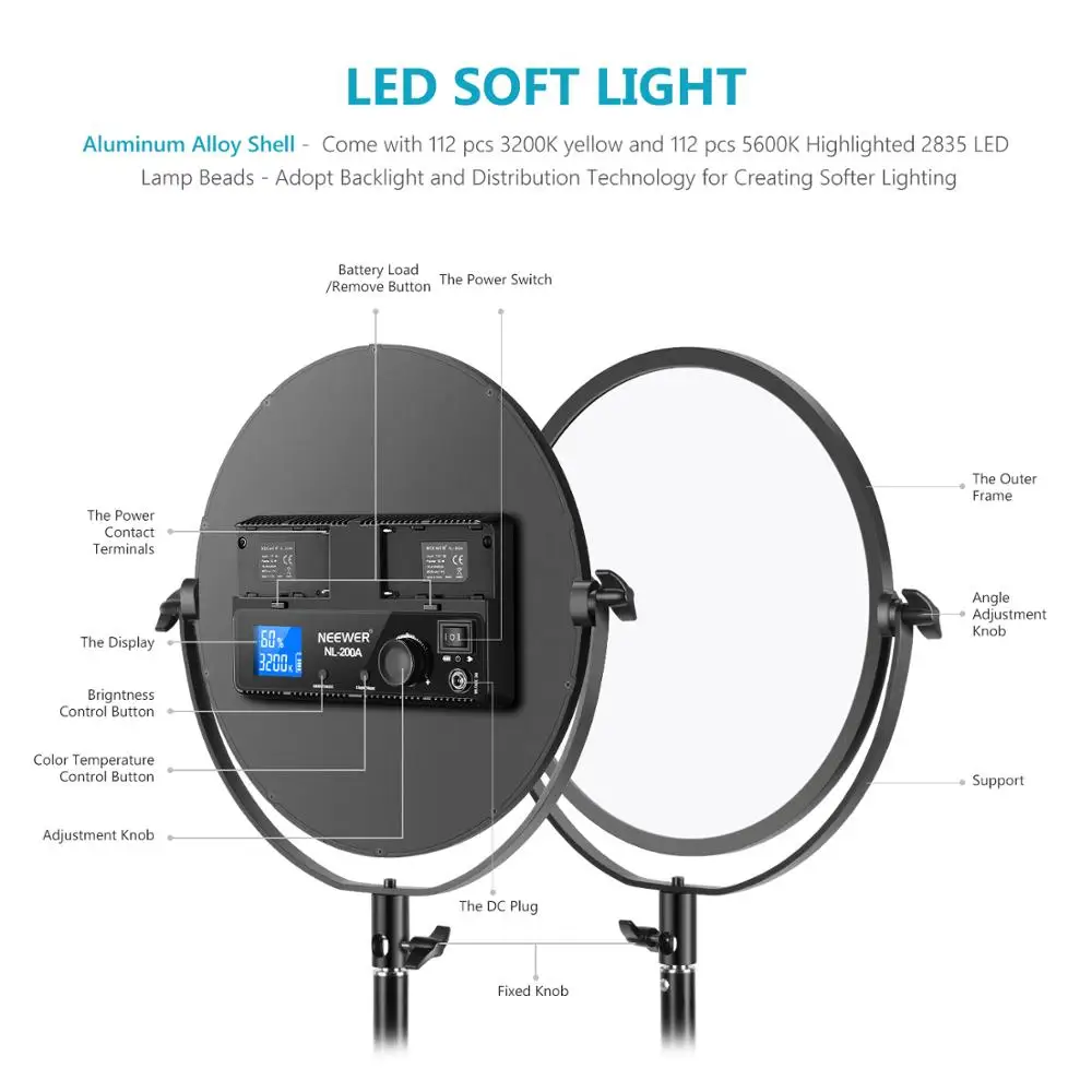 Neewer Kovinski 10.6 palcev Krog Dvo-Barvni LED Video Luč，30W 3200-5600K CRI95+ LCD Zaslon, možnost zatemnitve Studio Rob Flapjack Svetlobe