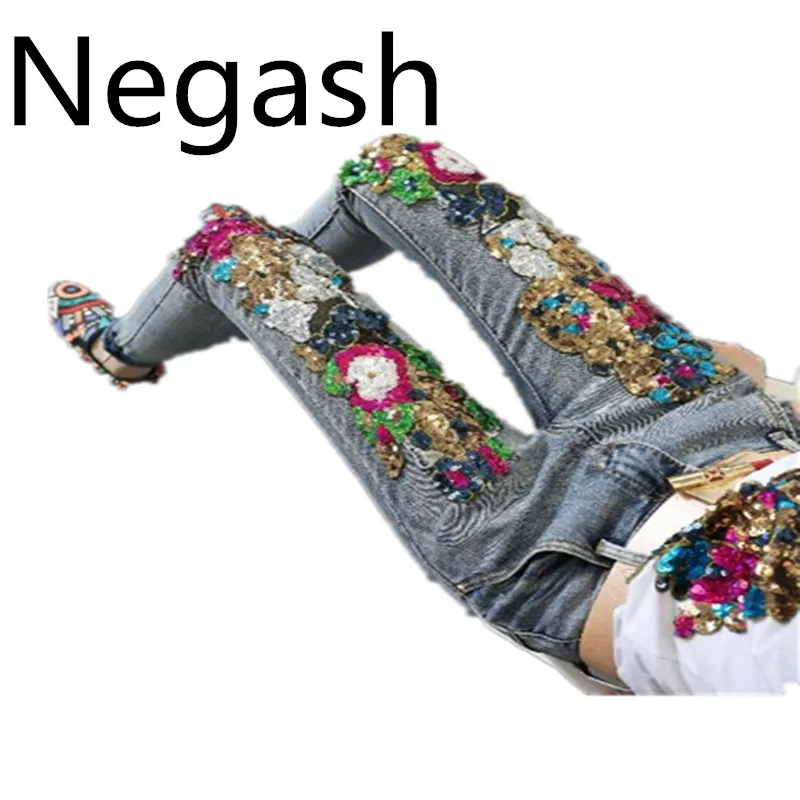 Negash Design Cvetje Vezenje Ženske Traper Kavbojke Cvet Skinny Jeans Svinčnik Hlače Z Bleščica Rakete Lady Raztrgane Hlače