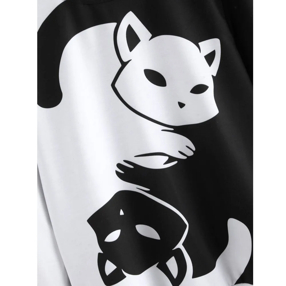 Nekaj črno in belo yin in yang mačka pulover z dolgimi rokavi pulover natisne majica mehko udobno šport svoboden vrhovi
