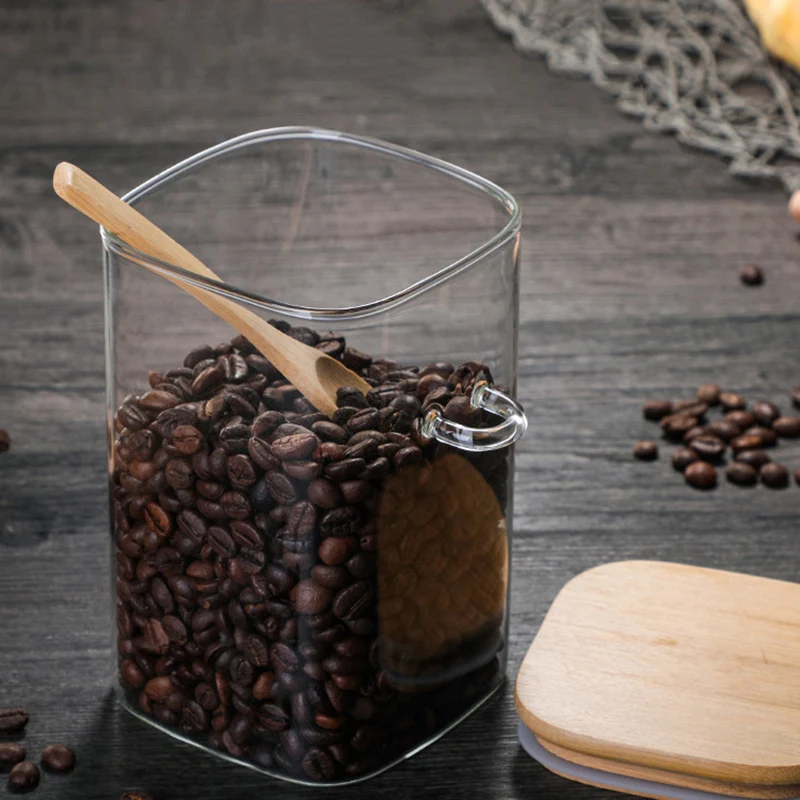 Nepredušni Shranjevanje Živil Jar Stekla Coffee Bean Spice Sladkorja, Moke, Kozarce, Posode s Pokrovi in Leseno Žlico DNJ998
