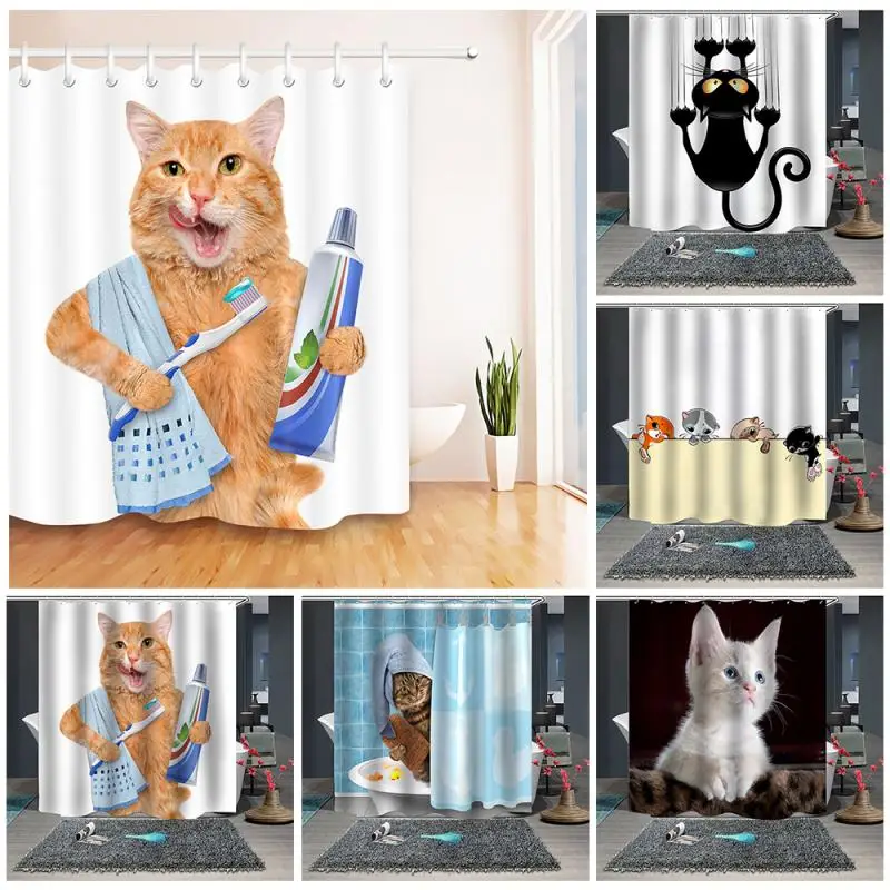 Nepremočljiva 3D luštna mačka tiskanje kopalnica tuš zavesa poliester mačka tuš zavesa nepremočljiva in plesni dokaz 180*200 CM