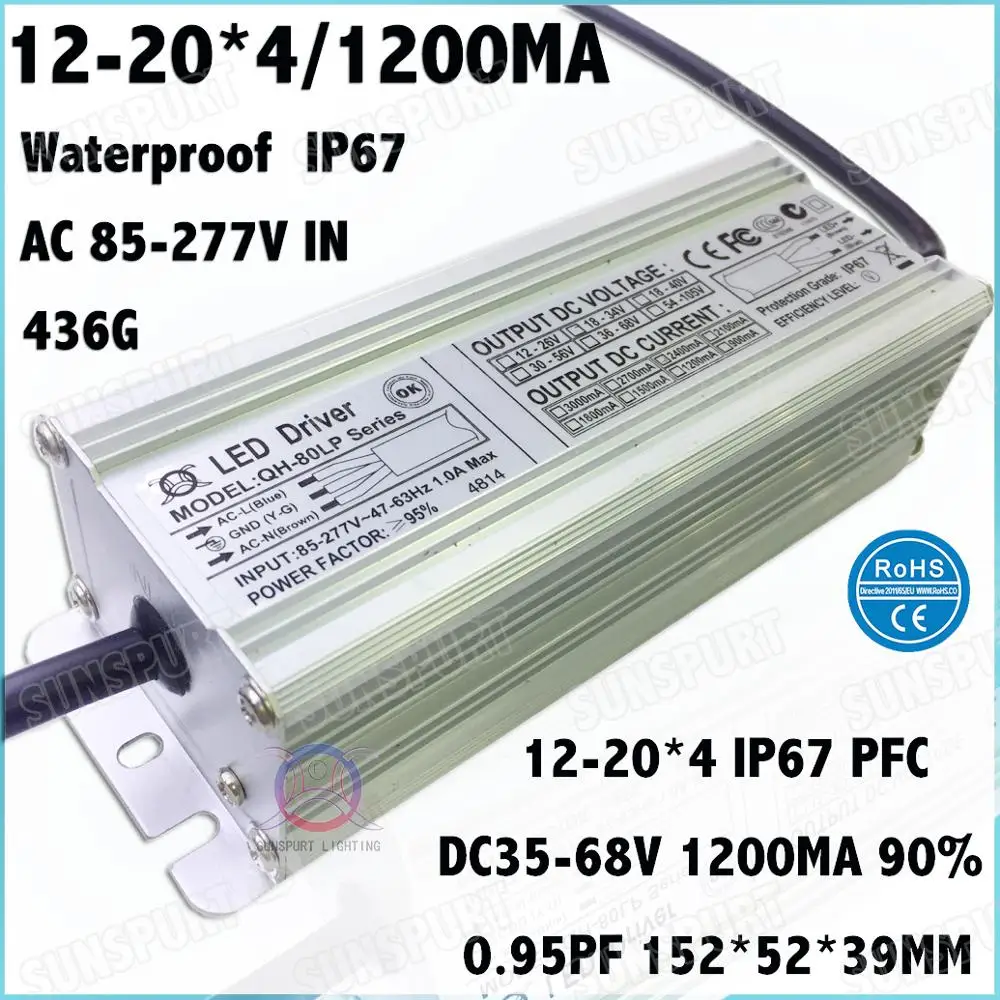 Nepremočljiva IP67 PF 40-300W LED Driver 12-20Series3-15Parallel za 0,9 1,2 1,8 2,4 A 3A 4.5ADC35-68V Konstantnim tokom Brezplačna Dostava