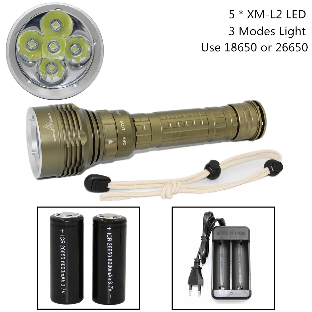 Nepremočljiva Potapljaško Svetilko 5 x XM-L2 LED Potapljaško Svetilko Bela Svetloba Svetilke + 18650 / 26650 Baterije + USB AC Polnilec