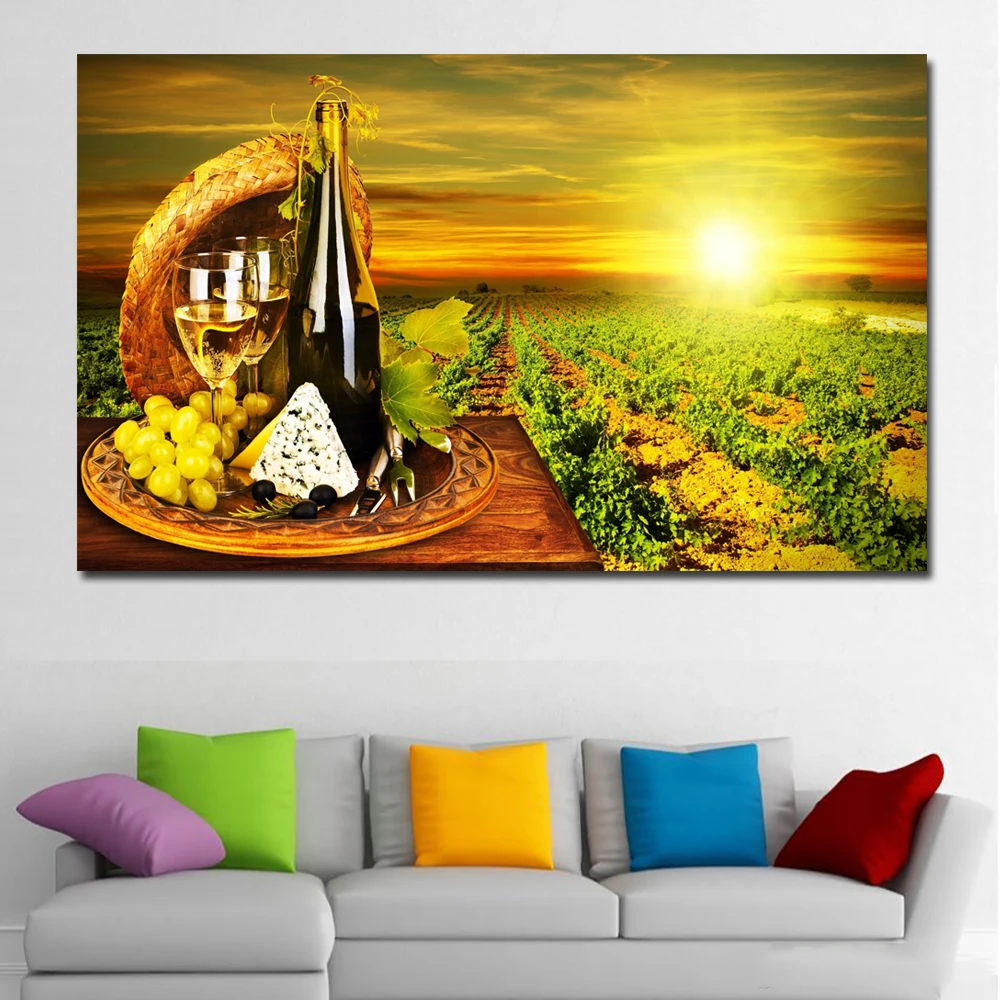NESEBIČNO HD Natisnjeni platno umetnosti grozdja rdeče vino kozarec Hrastovih sodih sunset slikarstvo na platno stenske slike za dnevno sobo