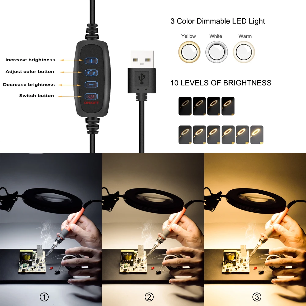 NEWACALOX 5X Povečevalno Steklo LED Lučka USB 3 Nastavljive Barve Črna Železna Pločevina Varjenje Orodje lemilo Popravila Osvetlitev