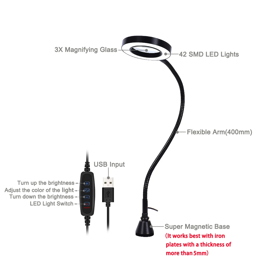 NEWACALOX USB 3X Povečevalno Steklo LED Luči Osvetljena Lupo Močno Magnetno gibljiva Roka za Branje Delovno Spajkanje