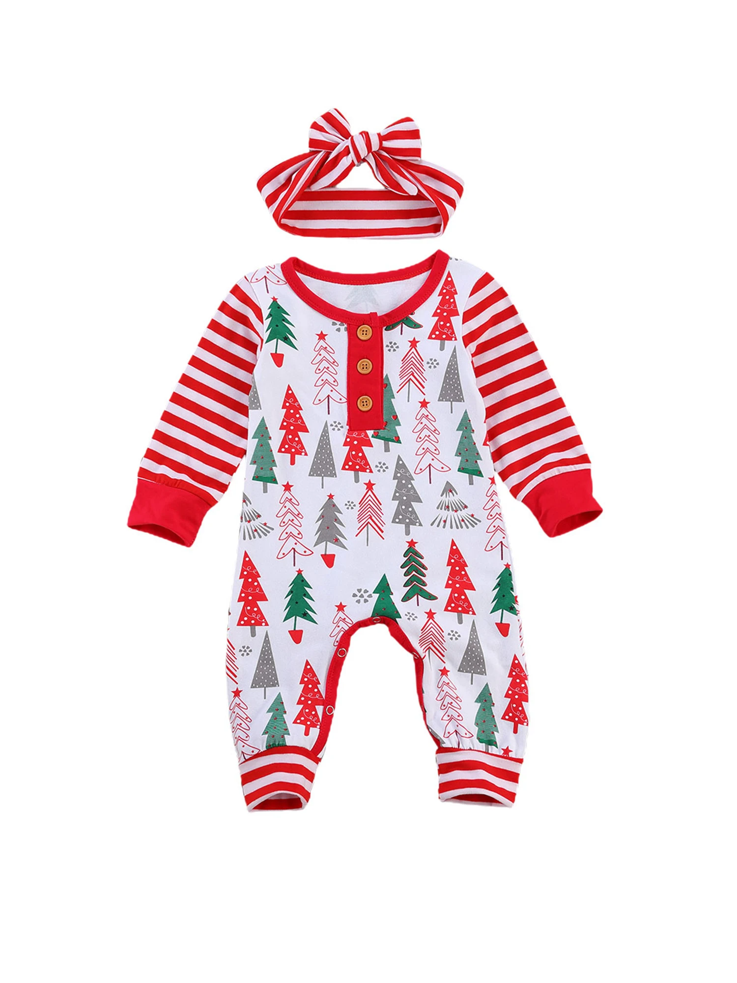 Newborn Baby Dekleta Fantje Božič igralne obleke Glavo 2pcs Santa Drevo Tiskanja Dolg Rokav Jumpsuits 0-24M