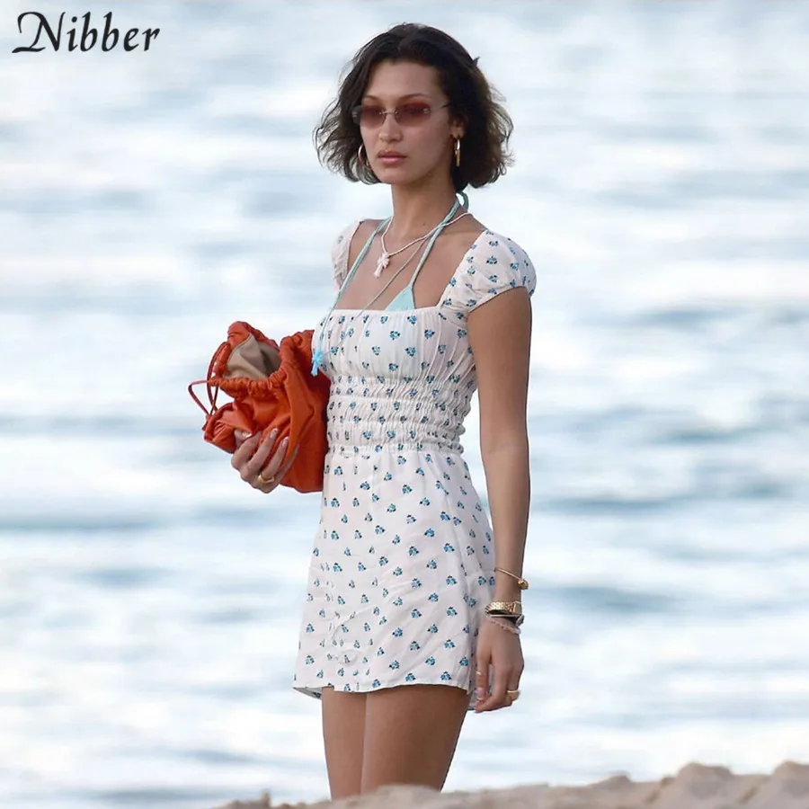 Nibber poletje boho Cvetlični vzorec Plaži priložnostne počitnice obleke, ženske preprosto prosti čas ulične ženske bele mini Nabrano obleko
