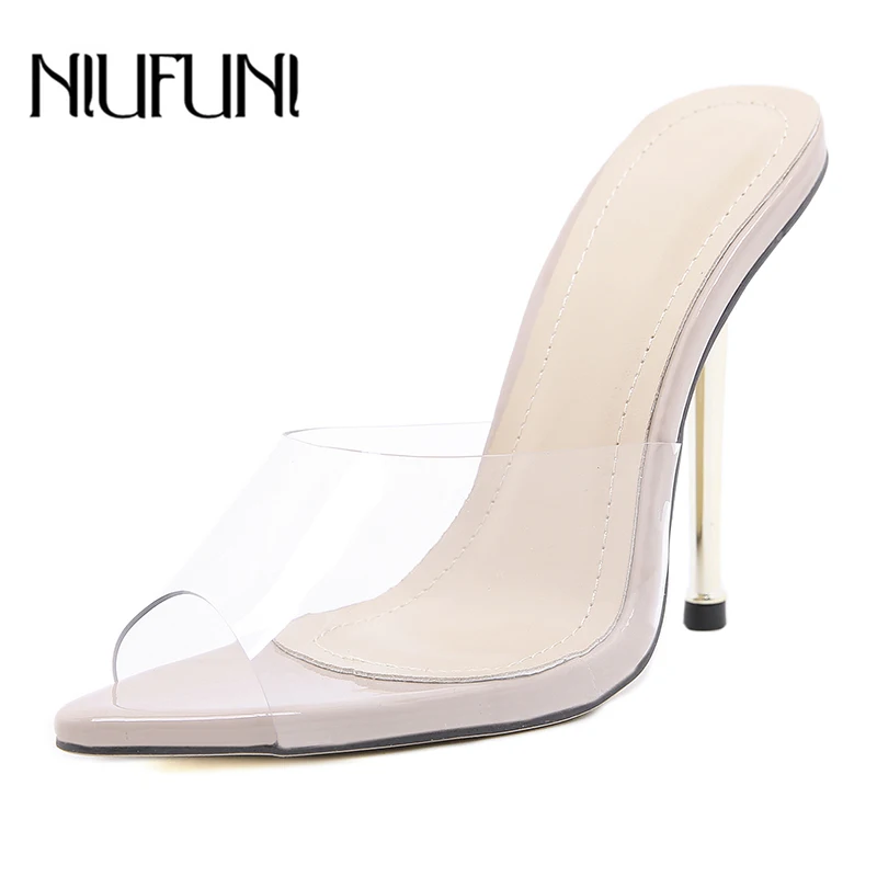 NIUFUNI Plus Velikost 41 Ženske Sandale, ki Modne Kristalno Pregleden Copate Stiletto Visokih Petah Opozoril Proviriti Toe Čevlji Za Ženske
