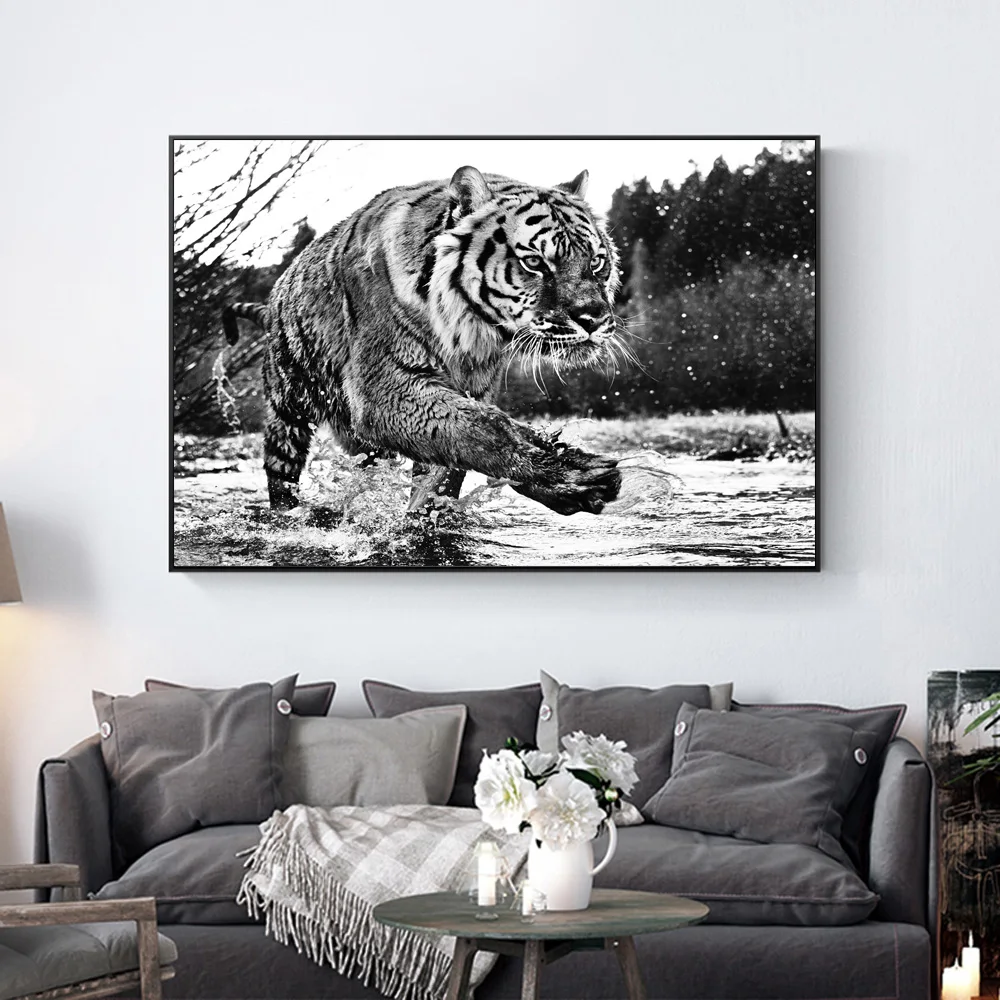 Nodic Dekor Črno Beli Tiger Leži V Snegu Živali Platno Umetniško Slikarstvo Na Plakate In Grafike Stenske Slike Za Dnevno Sobo
