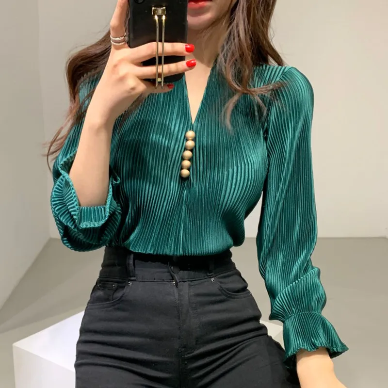 Nomikuma 2020 Pomlad Jesen Ženske Bluze Eleganten V-izrez Flare Long Sleeve Majica korejski Trdna Prugasta Blusas Femme Vrh 6A694