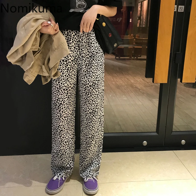 Nomikuma korejski Retro Slogu Ulične Leopard Tiskane Hlače Ženske Svoboden Visok Pas Naravnost Hlač Pantalones 3d054