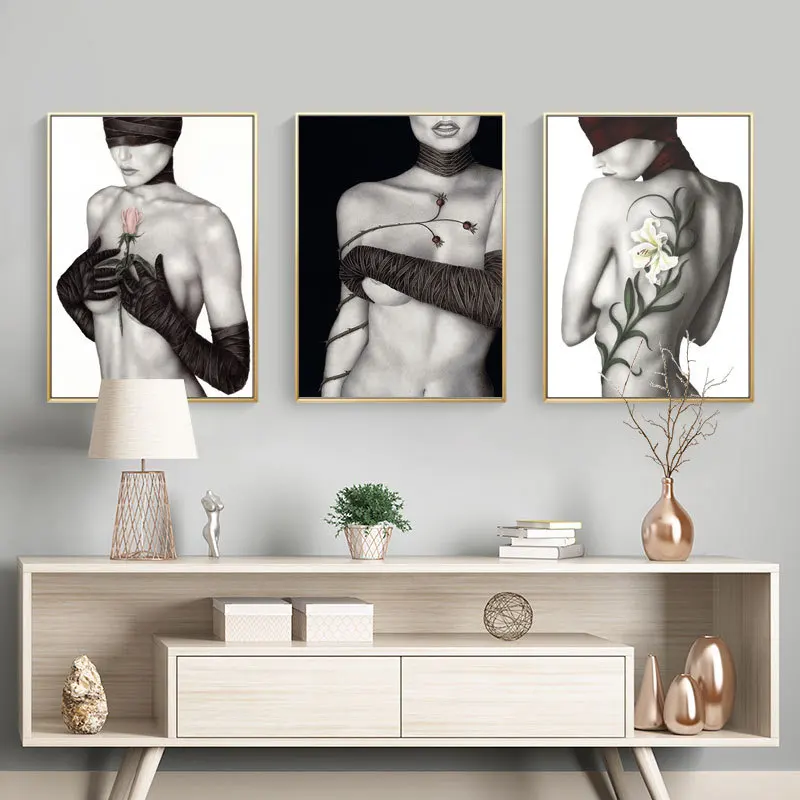 Nordijska Gola Seksi Ženske Rožnate Vrtnice, Platno, Slike Umetniške Črno-Beli Plakat za Tiskanje Za dnevno Sobo Seksi Wall Art Povzetek