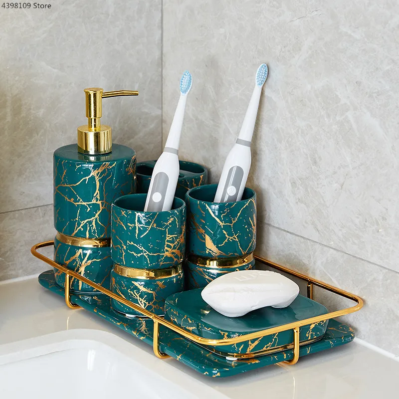 Nordijska kopalnica dobave set keramičnih zlati marmorja zobna ščetka imetnik / losjon za steklenice / pladenj / kopalnica okrasni dodatki