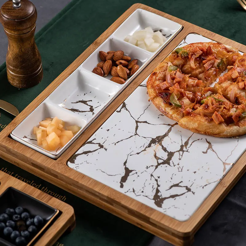 Nordijska Restavracija Pizza Prigrizek Ploščo Kvadratnih Keramični Storitev Ploščo Ustvarjalne Marmorja in Zlata Vzorec Zahodni Jed z Mrežo Zrezek Ploščo