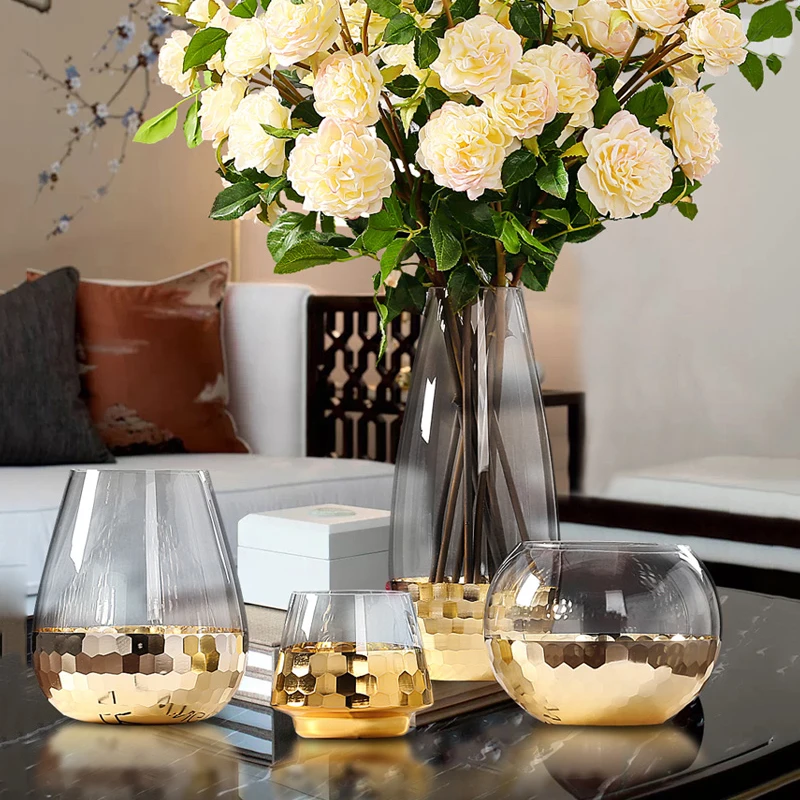 Nordijsko Zlato Folijo Steklene Vaze, Dnevna Soba Dekoracijo Cvetlični Aranžma Okraski Poročno Dekoracijo Umetnosti Vaze Notranja Oprema Darila