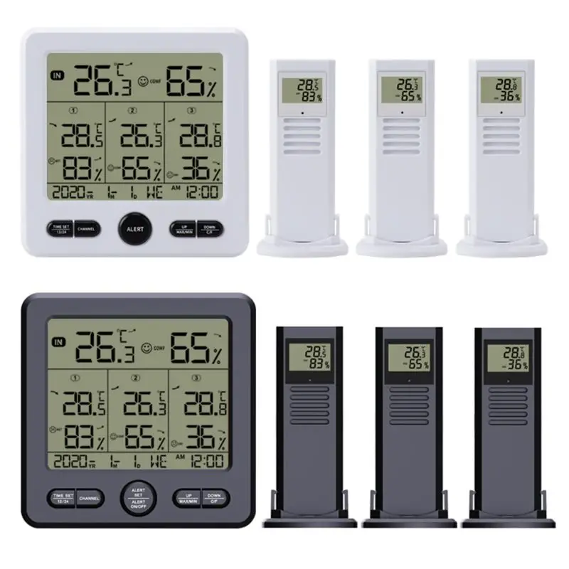 Notranja Zunanja Digitalne Vremenske Postaje Monitor Termometer, Higrometer Barve Opozorilo Alarm s 3 Brezžični Oddajnik ℃ ℉