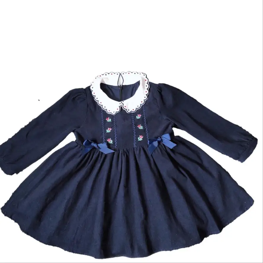 Nov baby dekle vintage doll obleke žogo mašno obleko otroci dekle vezenje princesa dolgo sleeved modra rojstni dan