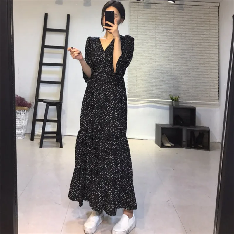 Nov Prihod 2020 korejski Stil Oblačenja Žensk Bela Pika Elegantno Vitek, Proti-vrat Dolgo Polka Dot Črna Obleka Ženske Obleke NS1979