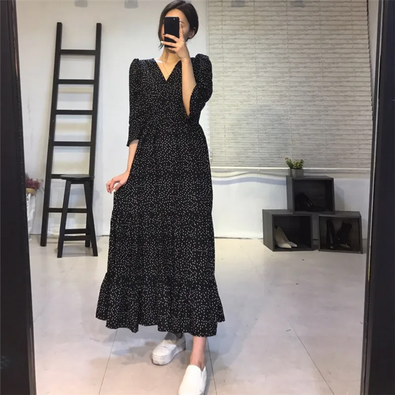 Nov Prihod 2020 korejski Stil Oblačenja Žensk Bela Pika Elegantno Vitek, Proti-vrat Dolgo Polka Dot Črna Obleka Ženske Obleke NS1979