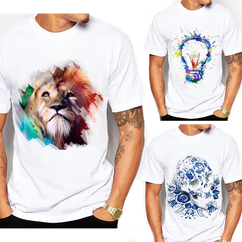 Nov Prihod T-shirt Moda Lobanje Design Lev T Shirt za Moške, Visoke Kakovosti Belega T-shirt Moški Meri Natisnjene Vrhovi Tees,Spusti Ladje