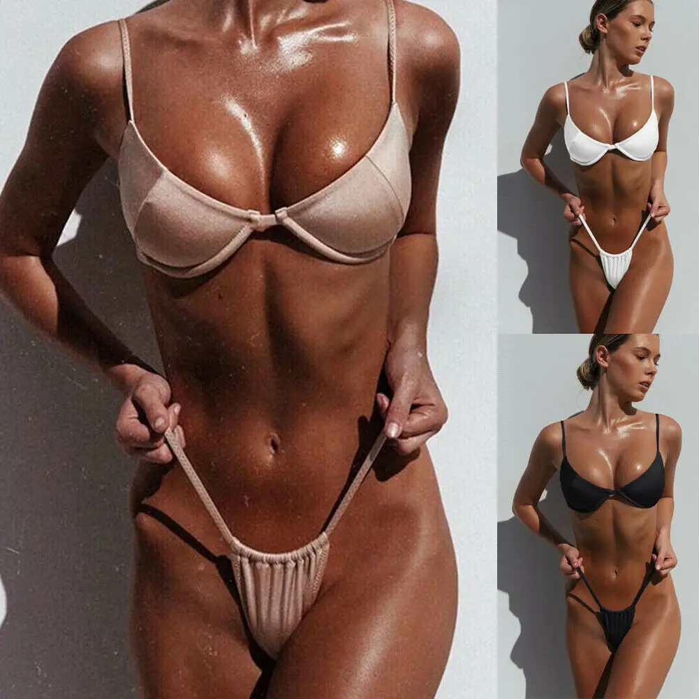 Nov Slog Ženske Bikini Komplet Oblazinjeni Push-up Bikini Modrc Nastavite Kopalke Čiste Barve, Kopalke Kopalne Plažo Moda Vroče 2019