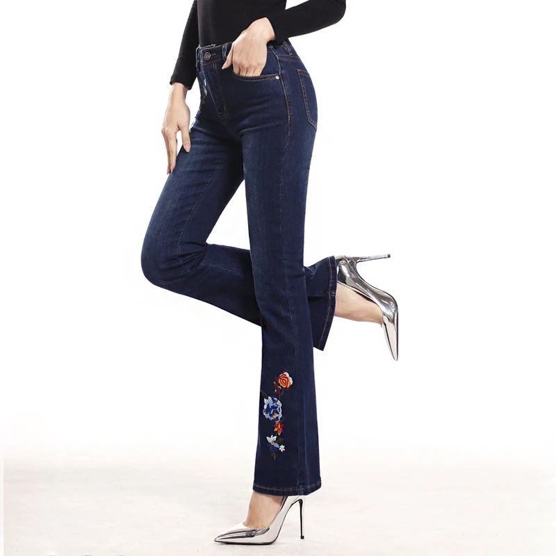 Nova Blagovna Znamka Hlače Lepe Vezenine Cvet Ženske Oblačila Skinny Jeans Flare Hlače Ženske Visok Pas, Jeans Modra Plus Velikost 36