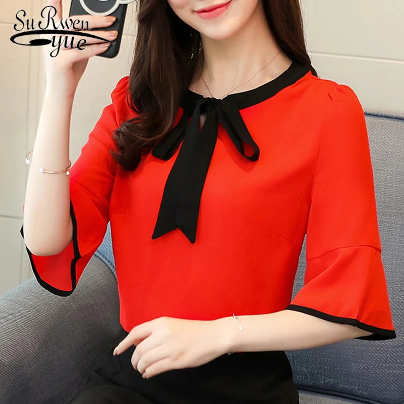 Nova moda 2021 Šifon ženske bluzo majica plus velikost flare rokav rdeča ženska oblačila lok o-vratu žensko vrhovi blusas D619 30
