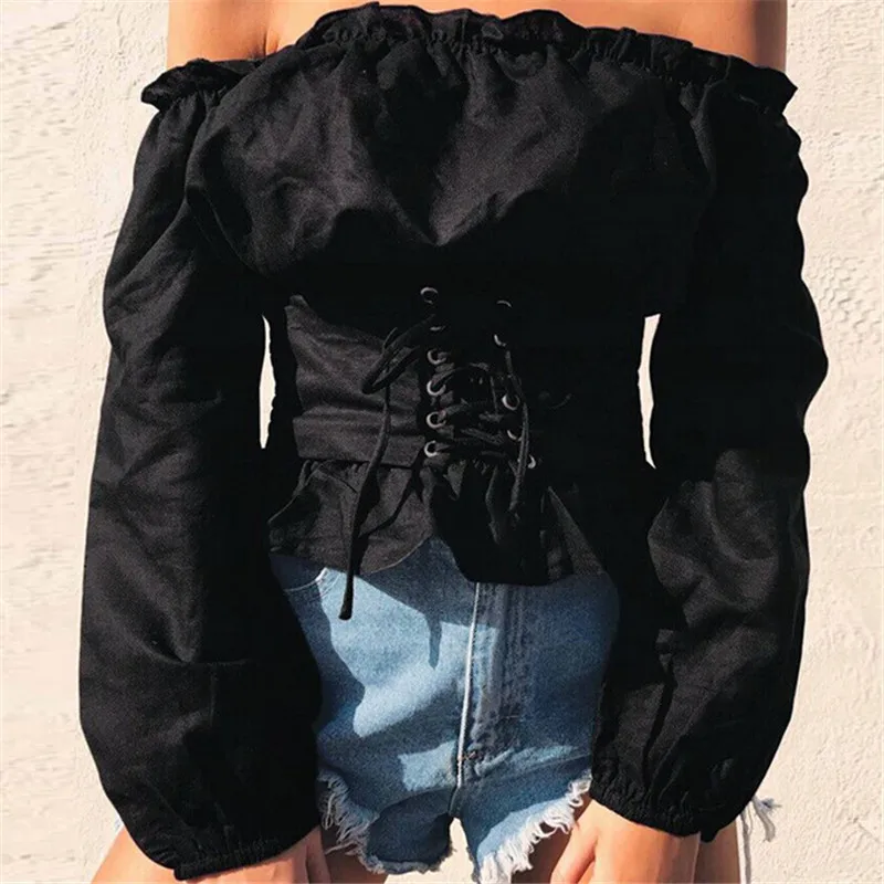 Nova Moda Vroče Prodaje Luč Rokav Off Ramenski Vrh Korzet Majica Sexy Womens Vrhovi Čipke Satenast Korzet Bluzo