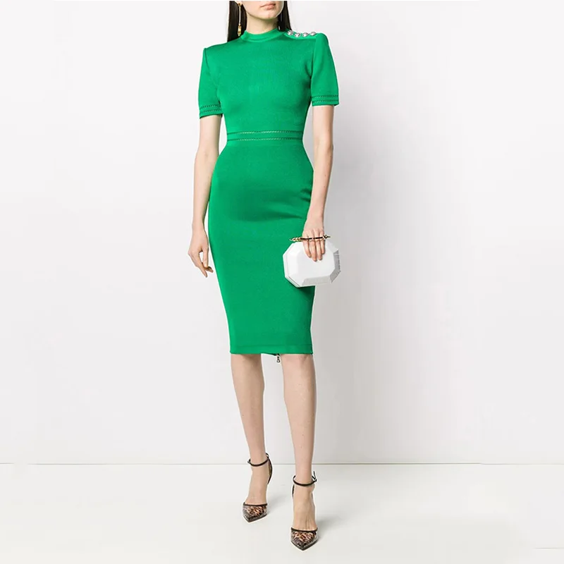 Nova Zasnova Žensk Evropske Suh Slog Kratek Rokav Poletje Pletenje Ravno Obleko Elastična Visoke Kakovosti Zelenih Priložnostne Obleke