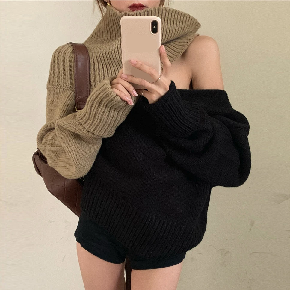 Nove dolg rokav top moda 2020 pleteni pulover ženske svoboden srednje dolžine visok ovratnik jeseni in pozimi Retro