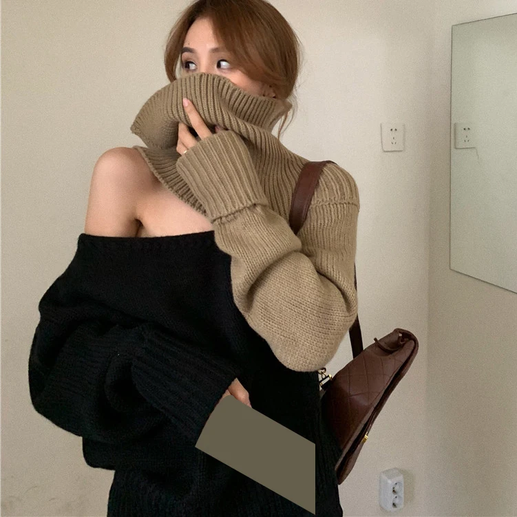 Nove dolg rokav top moda 2020 pleteni pulover ženske svoboden srednje dolžine visok ovratnik jeseni in pozimi Retro