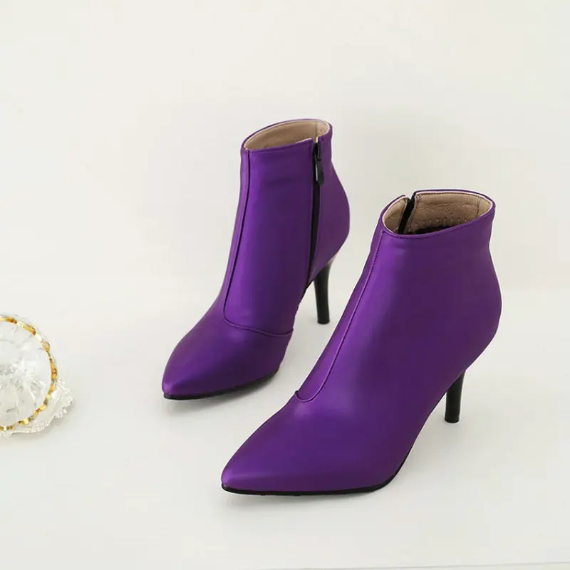 Nove Jesensko zimske vijolično ženske tanke visoke pete, škornji konicami prstov ženska stiletto gleženj škornji trdni čevlji plus velikost 33 43 44 45 46
