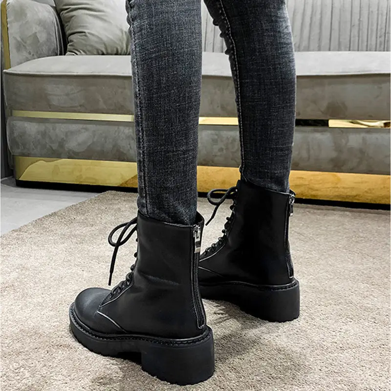 Nove Modne Zimske Plišastih Črni Škornji Stanovanj Krog Toe Črna Zadaj Zadrgo Škornji Ženske Platformo PU Usnje za Čevlje Botas De Mujer
