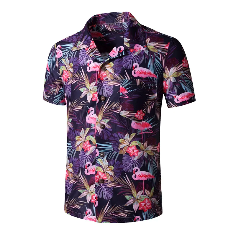 Nove Poletne Moške Cvetlični Majica Fashion Flamingo Natisnjeni Oversize Hawaiian Majica Bluzo Moških Plaža Obleko Ovratnik, Kratkimi Rokavi Camisas