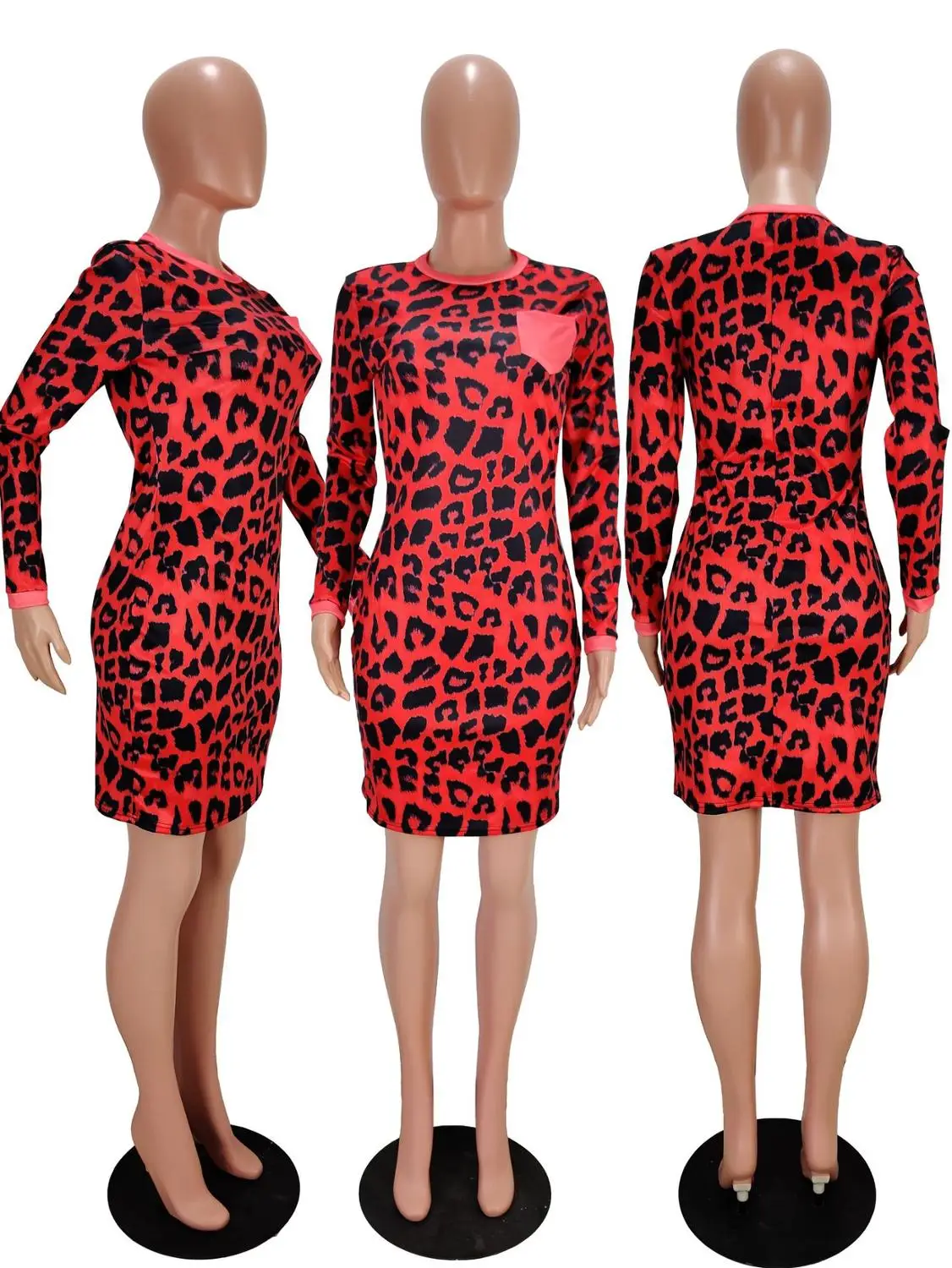 Nove Ženske Dolg Rokav Bodycon Mini Obleka Seksi Leopard Tiskanja Žepi O-izrez Obleke