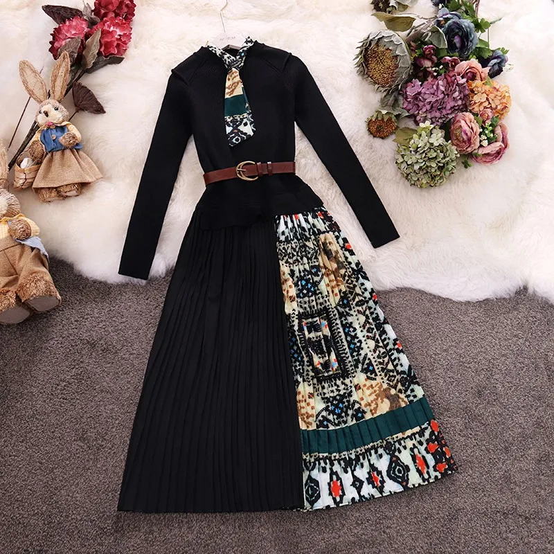 Nove Ženske Vintage Obleko 2019 Pomlad Jesen Slim S Pasom Dolgo Haljo Ženske Elegantne Natisnjeni Mozaik Talarji Vestidos