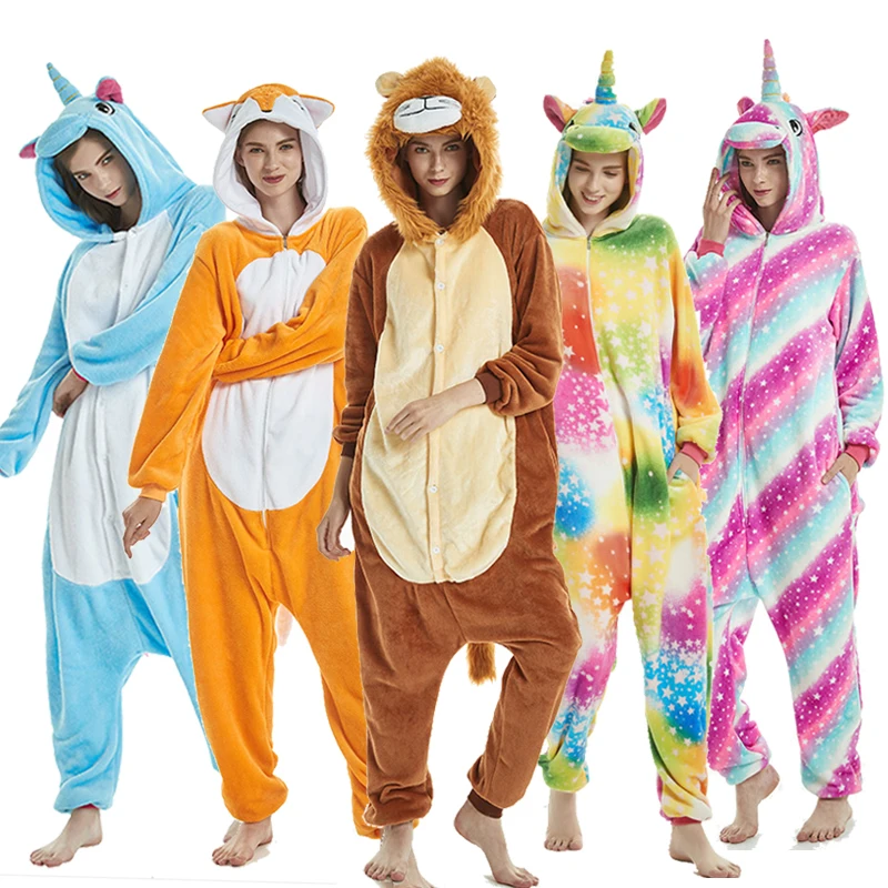 Nove Živali Samorog Pižamo Odrasle Zimske Sleepwear Kigurumi Volk Panda Zajec Pižame Ženske Onesie Anime Noša Jumpsuit