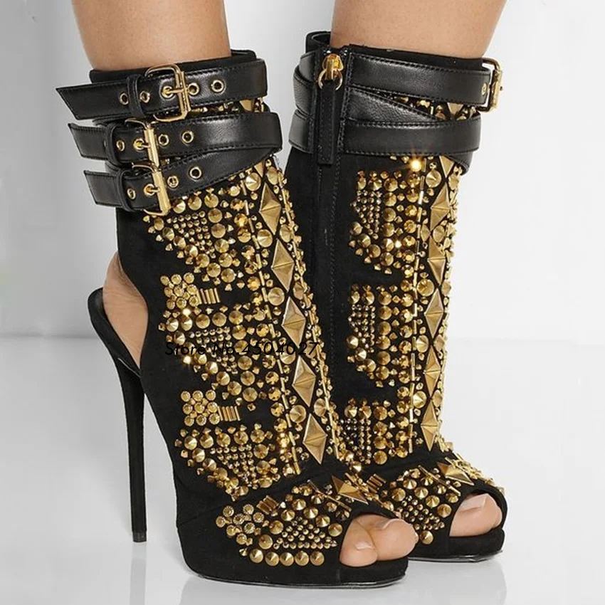 Novi punk stil kovice stud gladiator sandali poletni čevlji tankih visokih petah moda za ženske čevlje open toe sponke gleženj škornji