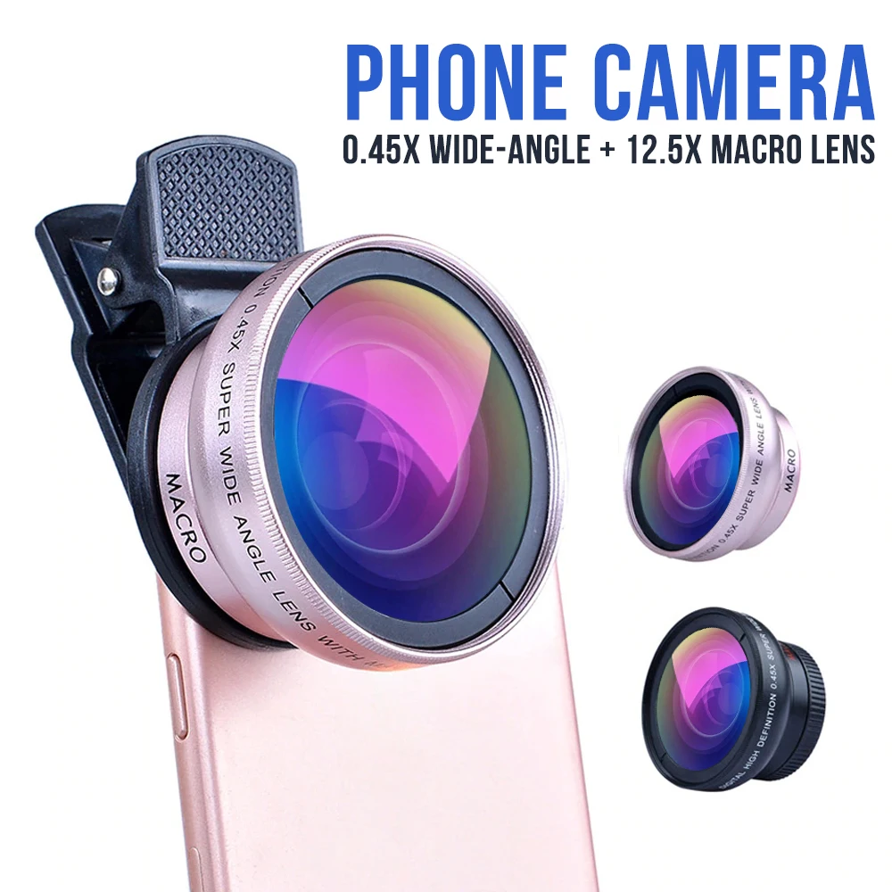 Novo 2v1 Objektiv 0.45 X širokokotni+12,5 X Makro Objektiv Profesionalne HD Kamero Telefona, Leča Za iPhone 8 7 6S Plus Xiaomi Samsung LG