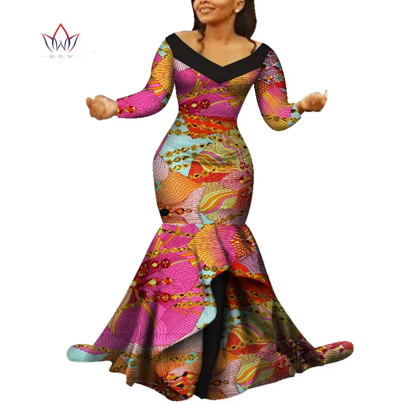 Novo Dashiki Afriške Tiskanja Obleke Bazin Dvojno fishtail Stranka Obleko Vestidos Plus Velikost Afriške Obleke za Ženske WY5759
