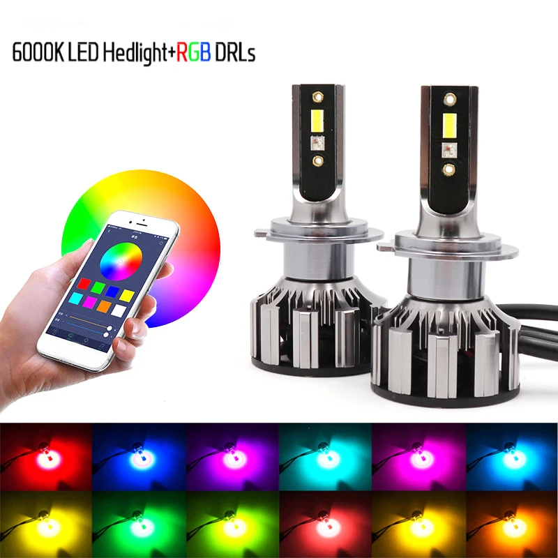 NOVO H7 Led RGB Smerniki APLIKACIJO Bluetooth Nadzor Multi Barve Žarnice LED H1 H4 H8 H9 H11 9005 9006
