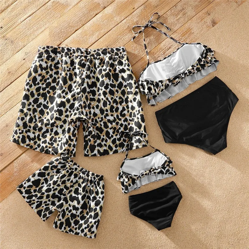 Novo Leopard Kopalke Družino Ujemanje Oblačila Obleke, Mati, Hči Kopalke, Mamica in Mi Bikini Obleko Oče Sina Plavati Hlače