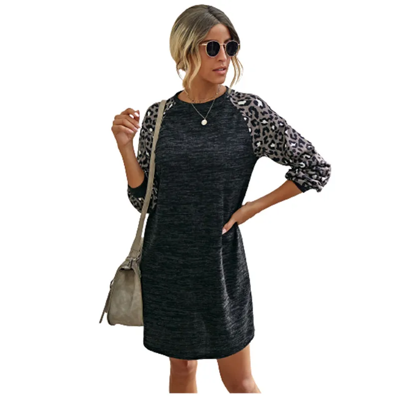 Novo Leto 2020 Jeseni Obleke, Ženske Mozaik Leopard Obleko Z Dolgimi Rokavi O-Vratu Žep Svoboden Priložnostne Obleko Modne Lady Ulične Obleko
