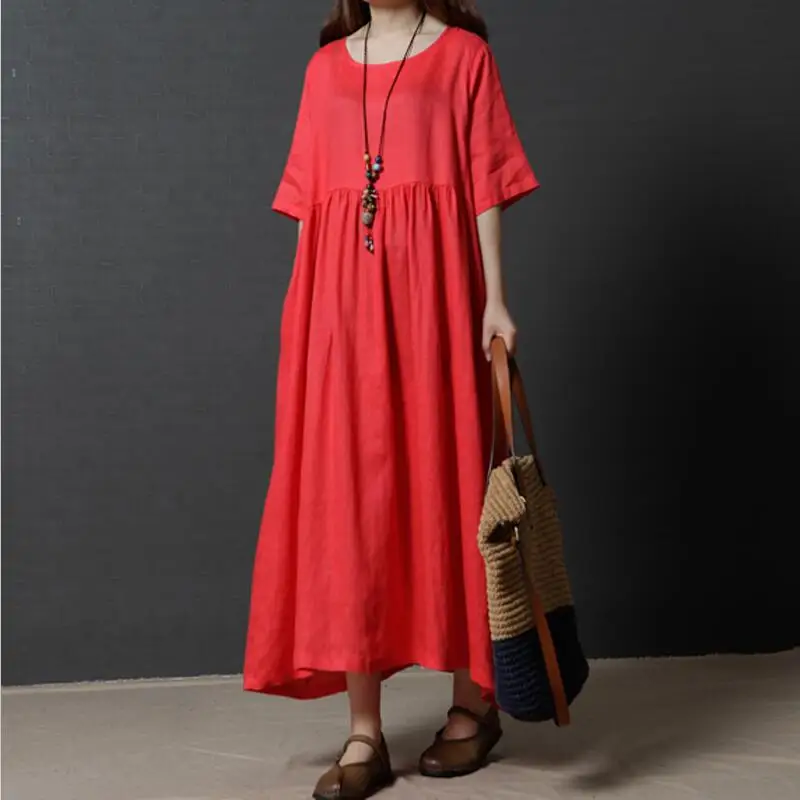 Novo leto 2020 Pomlad Jesen Ženske Bombaž Perilo Vintage Obleko Priložnostne Svoboden O Vratu Dolgo Maxi Čiste Obleke Vestidos Plus Velikost M-XXL, Rdeča