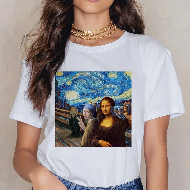 Novo Mona Lisa 90. let Majica za Ženske Modni Retro Vintage T-shirt je Stilsko Estetske Harajuku Tshirt Ullzang Bela Majica s kratkimi rokavi Ženske