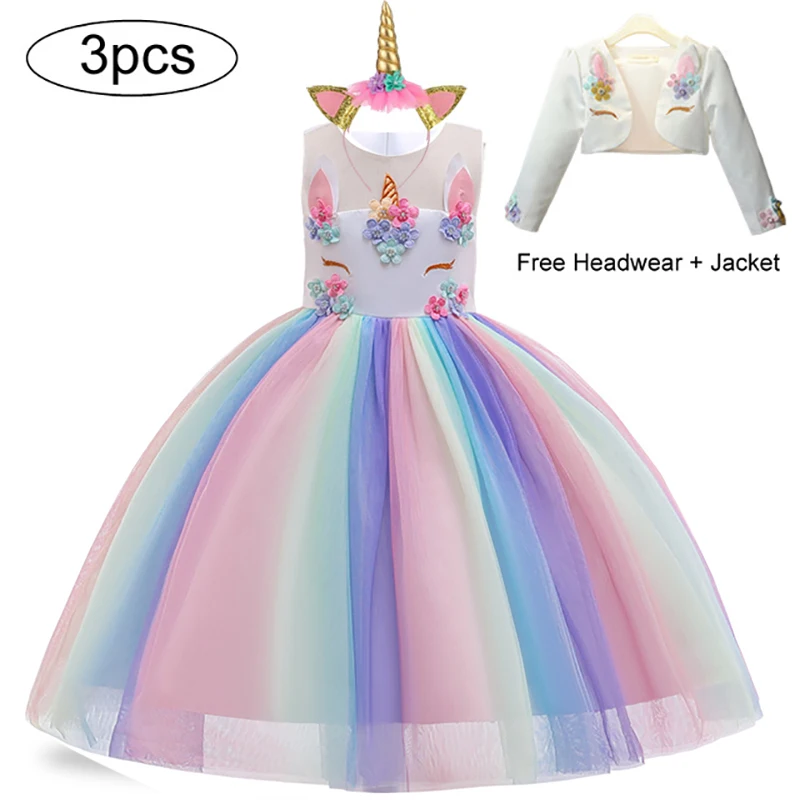 Novo Rainbow Unicorn Obleko Baby Dekleta Princesa Stranka Rojstni dan Večerne Obleke Najstnik Cvet Dekleta Poroka Oblek 2 do 10 Let