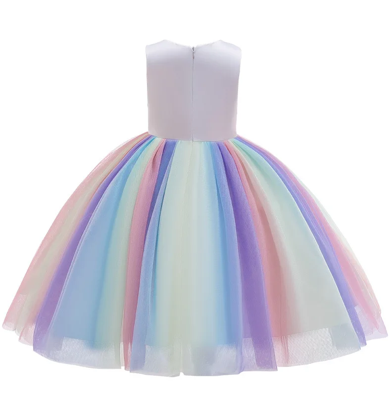 Novo Rainbow Unicorn Obleko Baby Dekleta Princesa Stranka Rojstni dan Večerne Obleke Najstnik Cvet Dekleta Poroka Oblek 2 do 10 Let